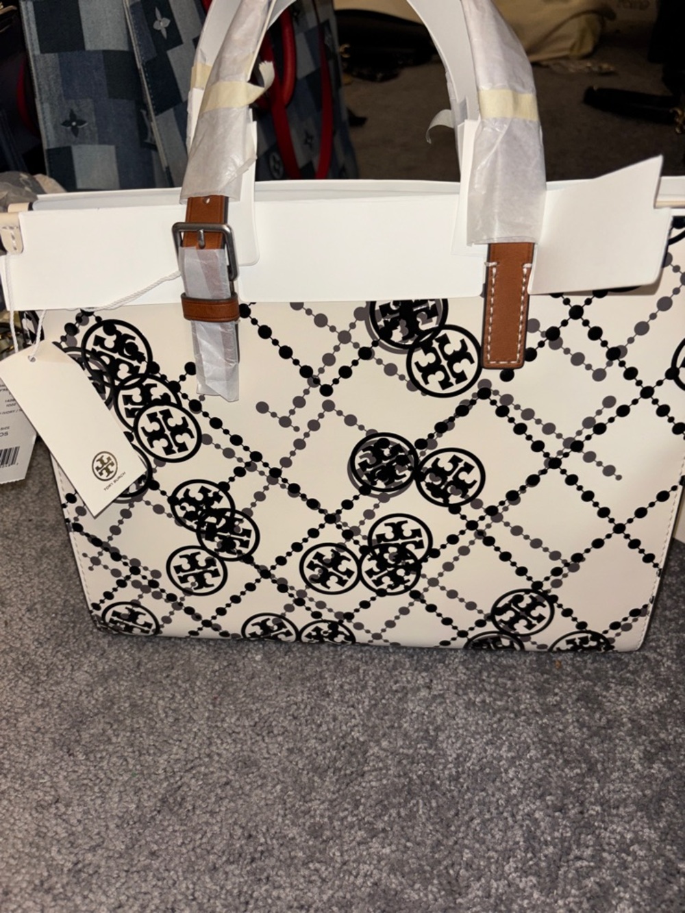 Tory Burch White Tote with Black Logo Chain Print and Brown Handles